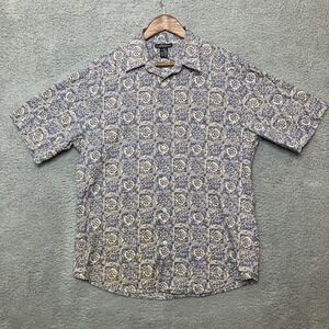 VTG Claiborne Button Up Men M Blue Tan Medallion Tile Cotton Short Sleeve Camp